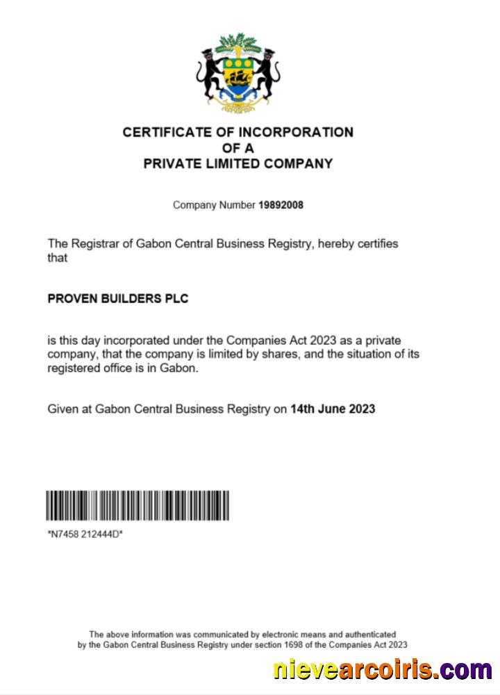 Gabon certificate of registration